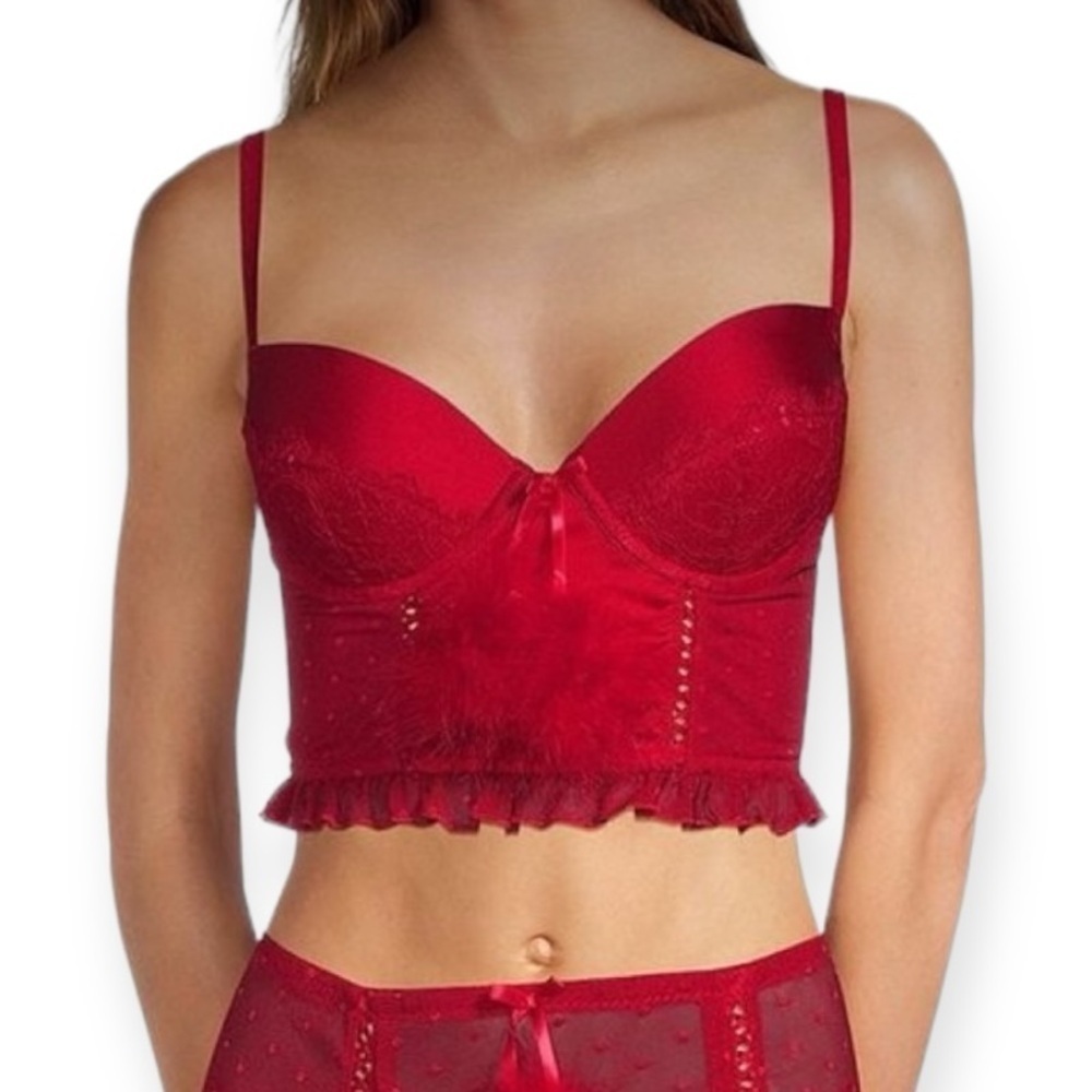 CINEMA ETOILE Seductive Wear Ruffle Hem Feather Bustier & Thong Set Red NEW
